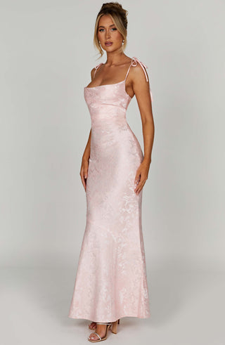 K.Y Whitney Maxi Dress Floral Jacquard Bias Cut Blush