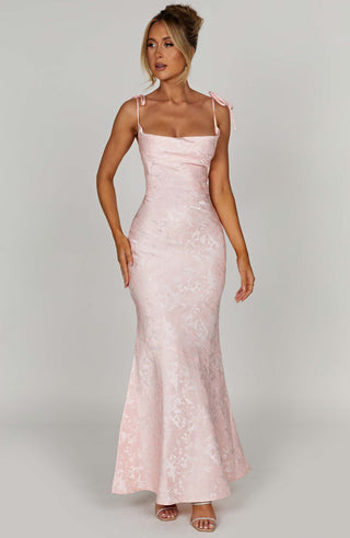 K.Y Whitney Maxi Dress Floral Jacquard Bias Cut Blush