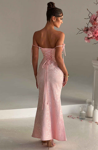 K.Y Whitney Maxi Dress Floral Jacquard Bias Cut Blush