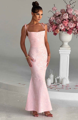 K.Y Whitney Maxi Dress Floral Jacquard Bias Cut Blush