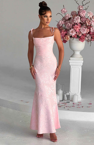 K.Y Whitney Maxi Dress Floral Jacquard Bias Cut Blush