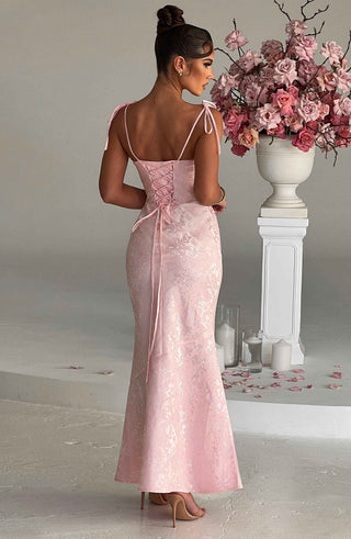 K.Y Whitney Maxi Dress Floral Jacquard Bias Cut Blush