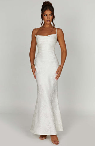 K.Y Whitney Maxi Dress Floral Jacquard Bias-Cut Ivory