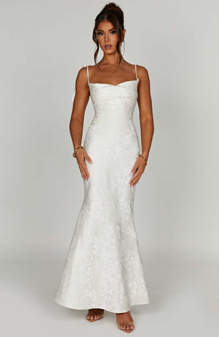 K.Y Whitney Maxi Dress Floral Jacquard Bias-Cut Ivory