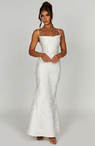 K.Y Whitney Maxi Dress Floral Jacquard Bias-Cut Ivory