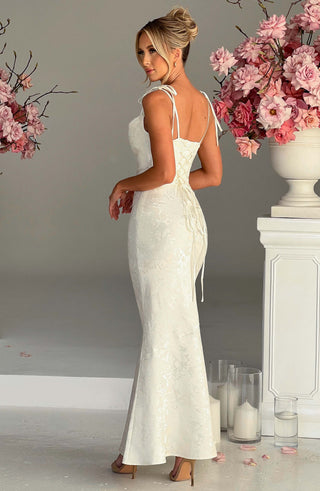 K.Y Whitney Maxi Dress Floral Jacquard Bias-Cut Ivory