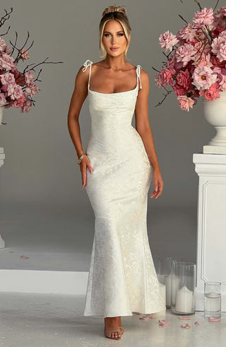 K.Y Whitney Maxi Dress Floral Jacquard Bias-Cut Ivory