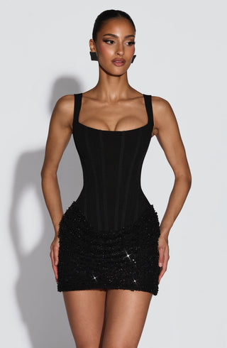 R.F Yeona Mini Dress Embellished Tulle Corset Bodice Black
