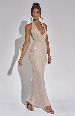L.F Zayde Maxi Dress Rhinestone Mesh Halterneck Nude Plunge Neckline