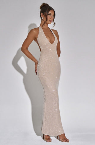 L.F Zayde Maxi Dress Rhinestone Mesh Halterneck Nude Plunge Neckline
