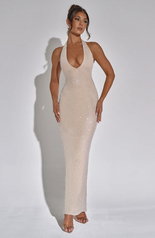 L.F Zayde Maxi Dress Rhinestone Mesh Halterneck Nude Plunge Neckline