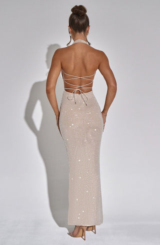 L.F Zayde Maxi Dress Rhinestone Mesh Halterneck Nude Plunge Neckline