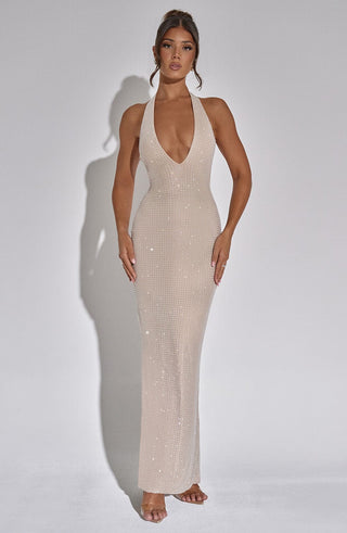 L.F Zayde Maxi Dress Rhinestone Mesh Halterneck Nude Plunge Neckline
