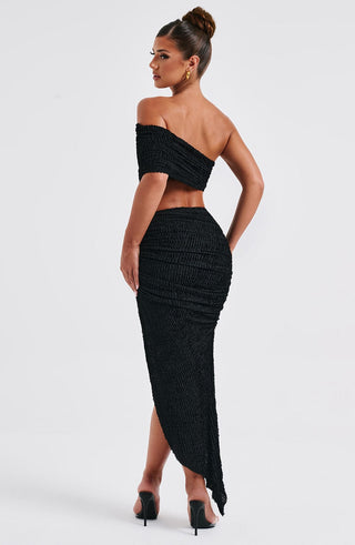 L.F Zina Midi Skirt Textured Stretch Asymmetric Hem Black