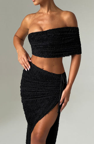 L.F Zina Midi Skirt Textured Stretch Asymmetric Hem Black