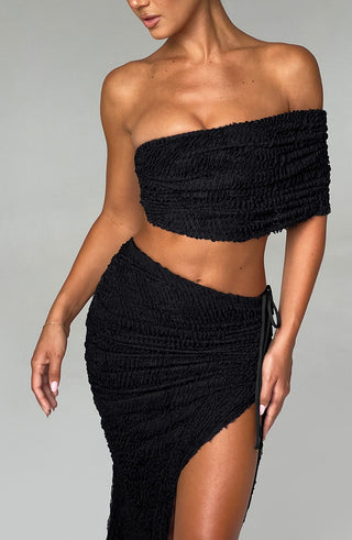 L.F Zina Midi Skirt Textured Stretch Asymmetric Hem Black