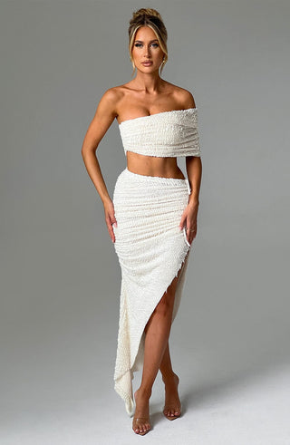 L.F Zina Midi Skirt Textured Stretch Asymmetric Hem Ivory