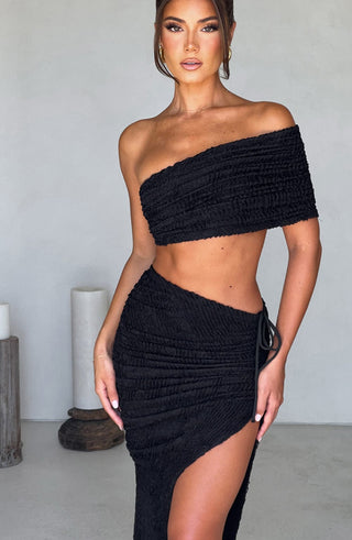 L.F Zina Top Textured Stretch Off-Shoulder Asymmetric Strap Black