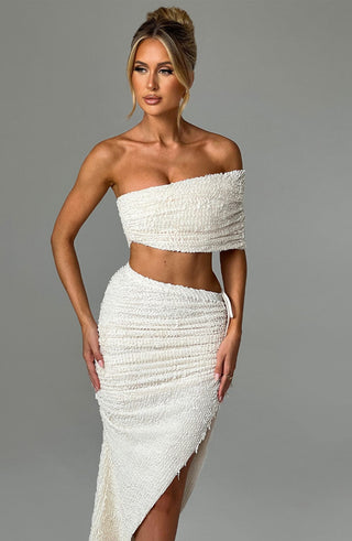 L.F Zina Top Textured Stretch Asymmetric Strap Off-Shoulder Ivory